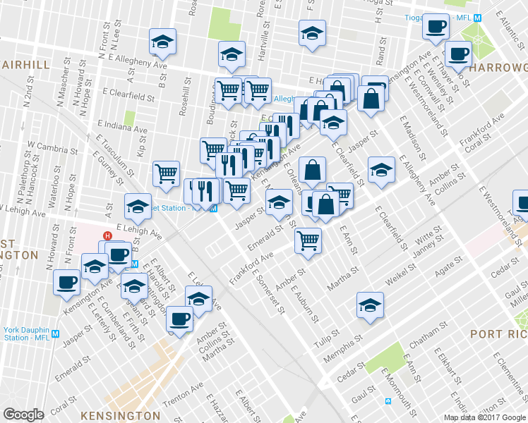 map of restaurants, bars, coffee shops, grocery stores, and more near 1902 East Cambria Street in Philadelphia