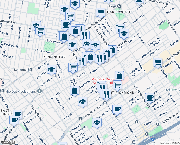map of restaurants, bars, coffee shops, grocery stores, and more near 2083 East Lippincott Street in Philadelphia