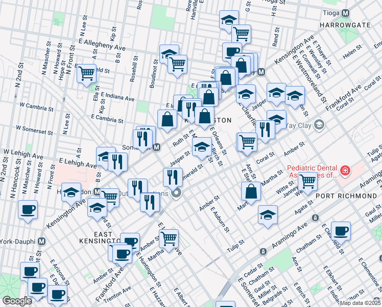 map of restaurants, bars, coffee shops, grocery stores, and more near 1902 East Cambria Street in Philadelphia