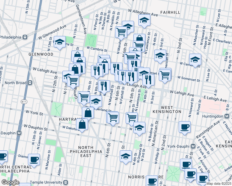 map of restaurants, bars, coffee shops, grocery stores, and more near 2616 North 6th Street in Philadelphia