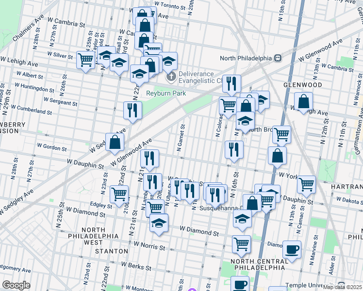 map of restaurants, bars, coffee shops, grocery stores, and more near 2439 North Garnet Street in Philadelphia