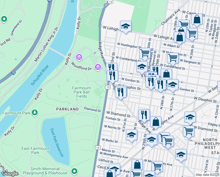 map of restaurants, bars, coffee shops, grocery stores, and more near 2239 North 33rd Street in Philadelphia