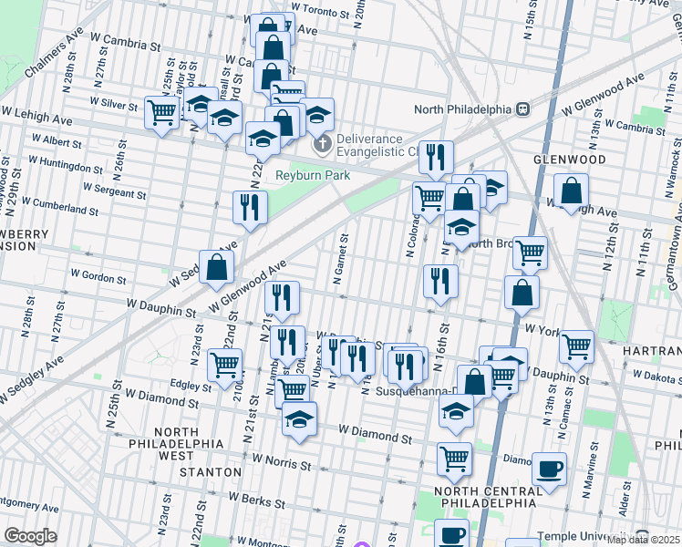 map of restaurants, bars, coffee shops, grocery stores, and more near 2439 North Garnet Street in Philadelphia