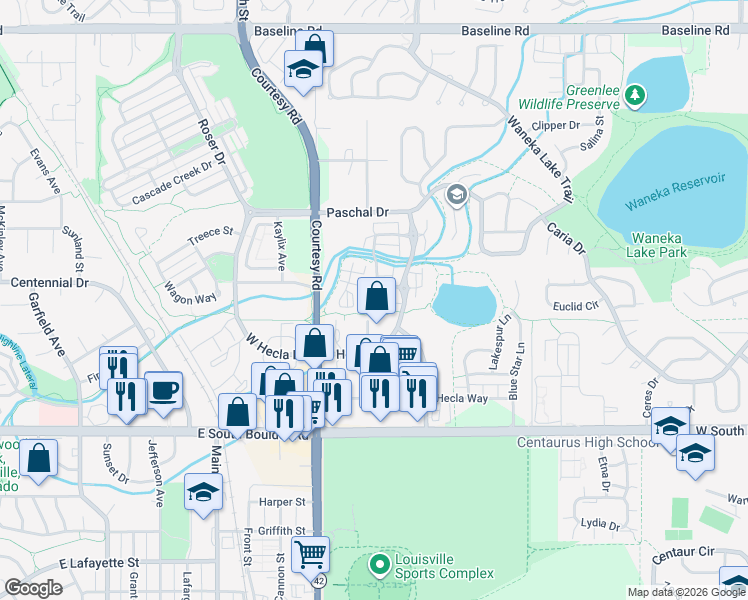 map of restaurants, bars, coffee shops, grocery stores, and more near 1319 Snowberry Lane in Louisville