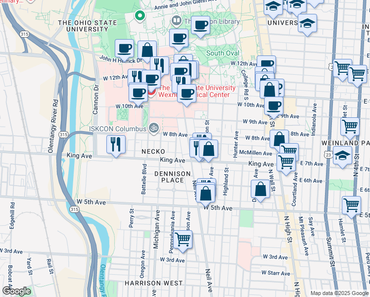map of restaurants, bars, coffee shops, grocery stores, and more near 1463 Neil Avenue in Columbus