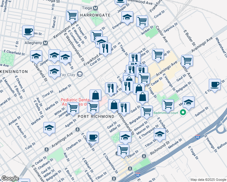 map of restaurants, bars, coffee shops, grocery stores, and more near 3345 Tulip Street in Philadelphia