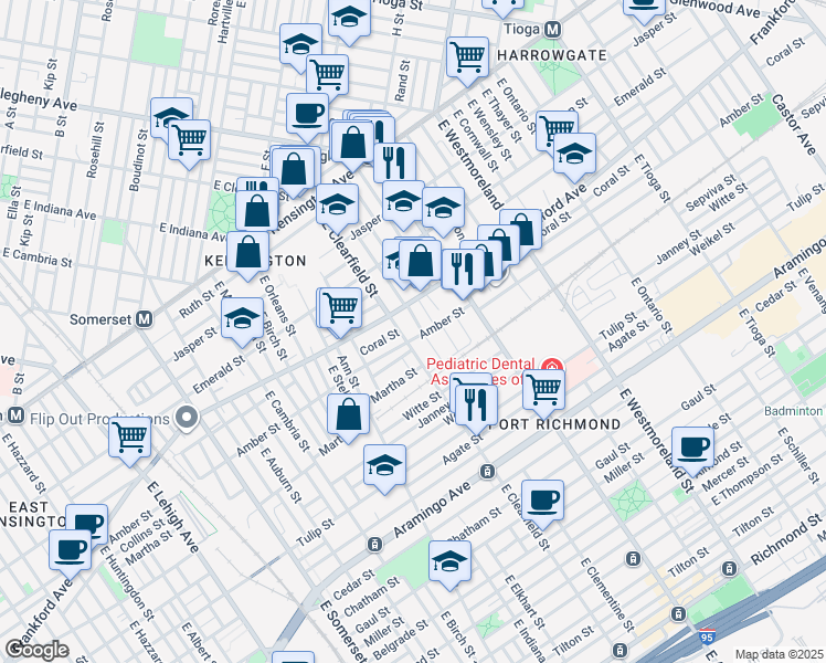 map of restaurants, bars, coffee shops, grocery stores, and more near 2063 East Clearfield Street in Philadelphia