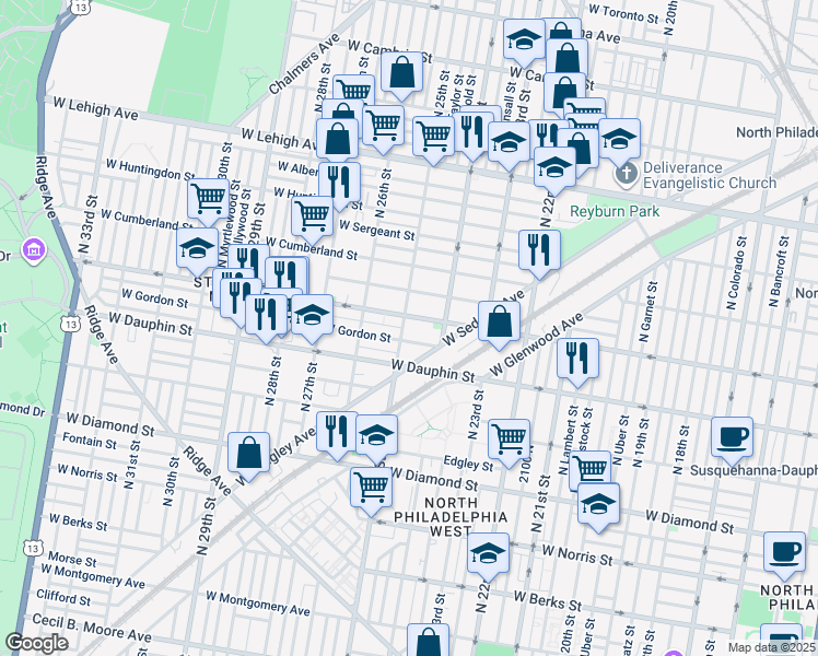 map of restaurants, bars, coffee shops, grocery stores, and more near 2347 North 25th Street in Philadelphia