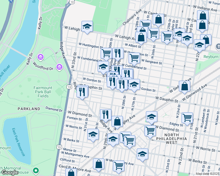 map of restaurants, bars, coffee shops, grocery stores, and more near 2909 West Dauphin Street in Philadelphia
