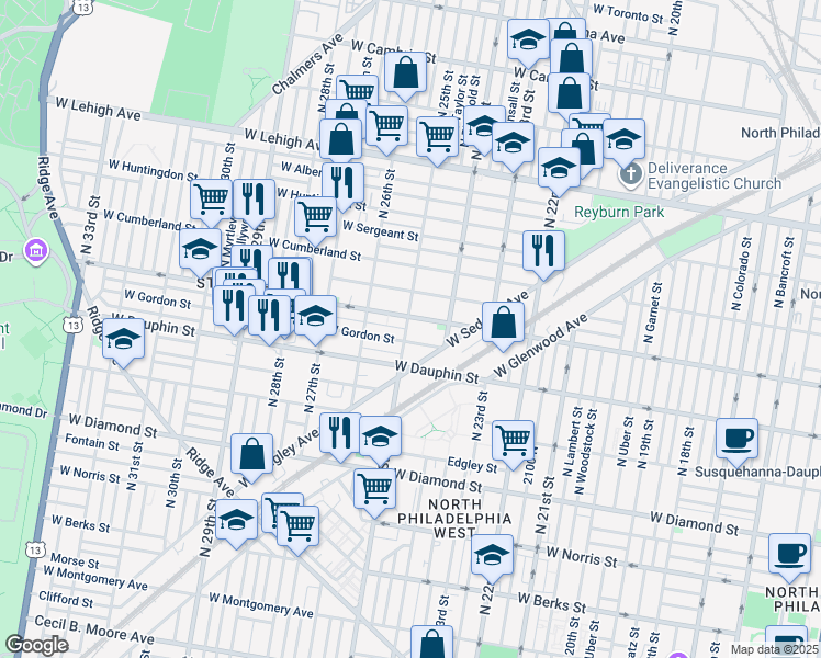 map of restaurants, bars, coffee shops, grocery stores, and more near 2347 North 25th Street in Philadelphia