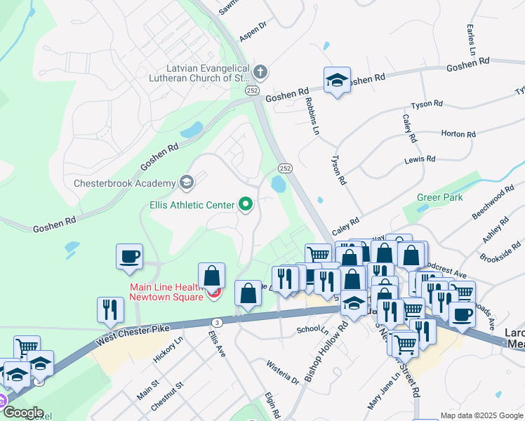 map of restaurants, bars, coffee shops, grocery stores, and more near 236 Charles Ellis Drive in Newtown Square