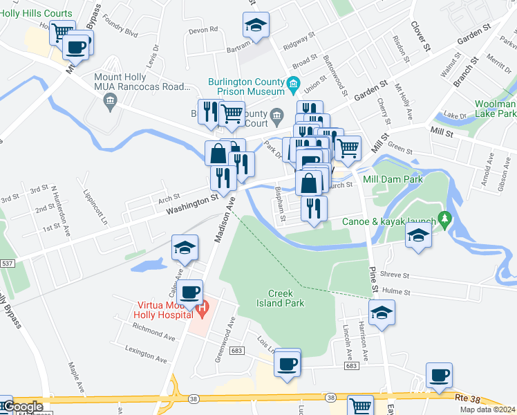 map of restaurants, bars, coffee shops, grocery stores, and more near 72 Washington Street in Mount Holly