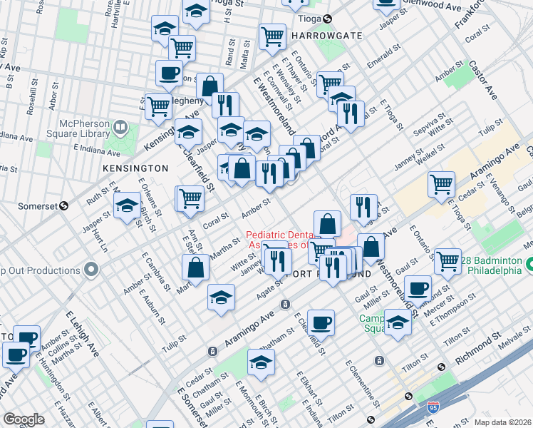 map of restaurants, bars, coffee shops, grocery stores, and more near 2100 East Allegheny Avenue in Philadelphia