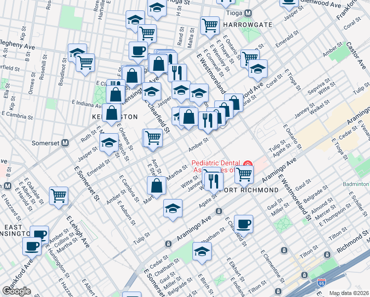 map of restaurants, bars, coffee shops, grocery stores, and more near 2063 East Clearfield Street in Philadelphia