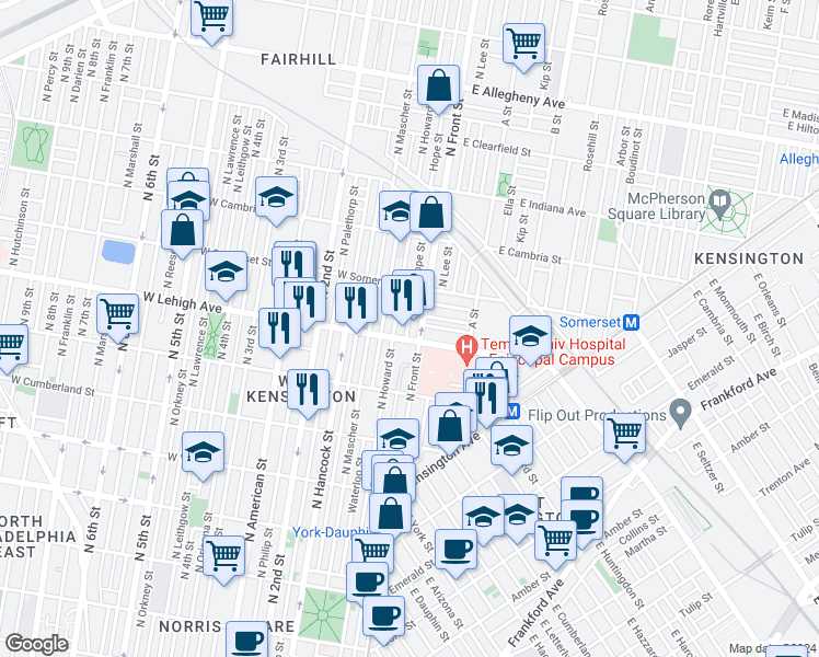 map of restaurants, bars, coffee shops, grocery stores, and more near 131 West Lehigh Avenue in Philadelphia