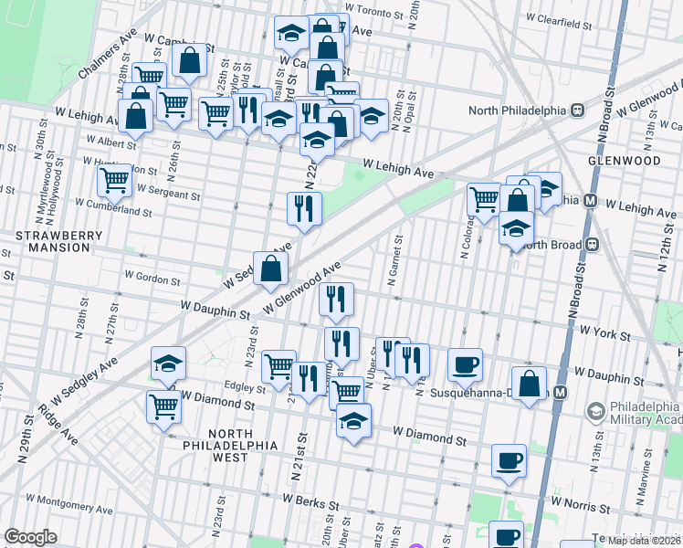 map of restaurants, bars, coffee shops, grocery stores, and more near 2070 West Glenwood Avenue in Philadelphia
