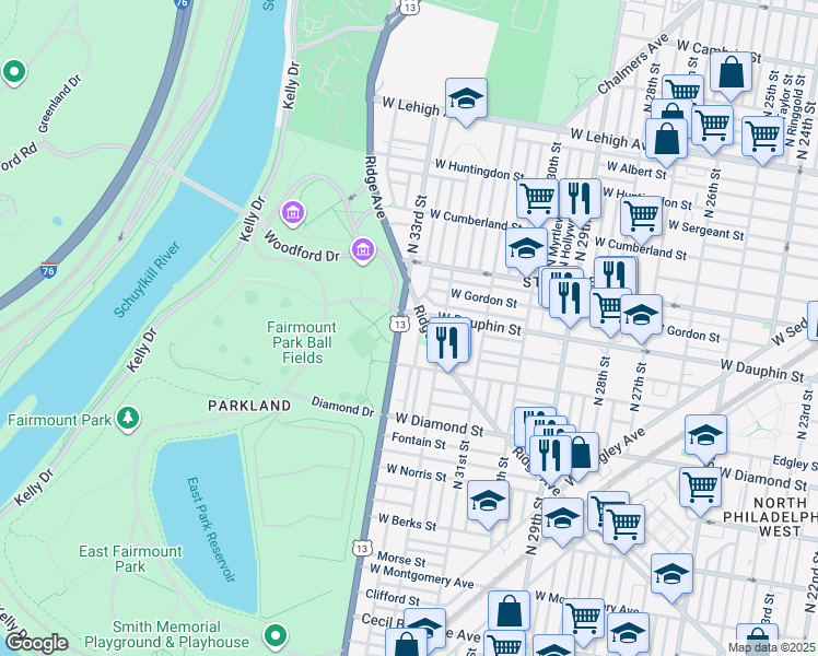 map of restaurants, bars, coffee shops, grocery stores, and more near in Philadelphia