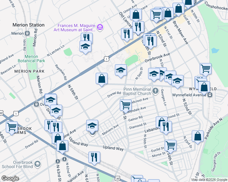 map of restaurants, bars, coffee shops, grocery stores, and more near 5715 Drexel Road in Philadelphia