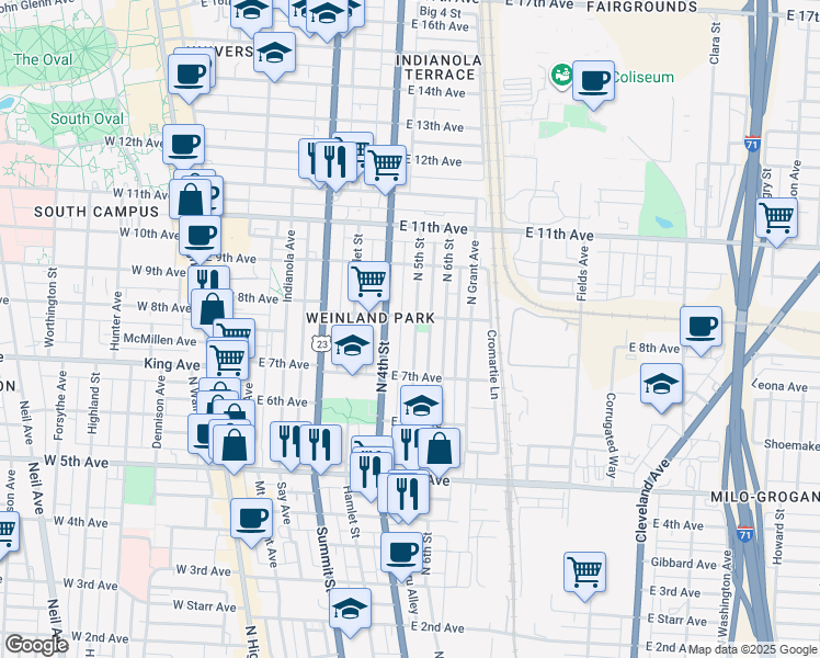 map of restaurants, bars, coffee shops, grocery stores, and more near 1384 North 5th Street in Columbus
