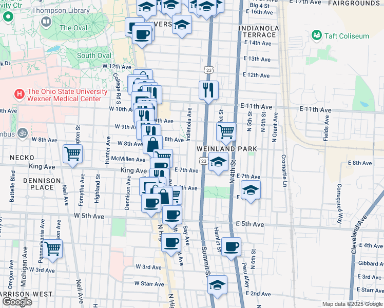 map of restaurants, bars, coffee shops, grocery stores, and more near 1393 Peters Alley in Columbus
