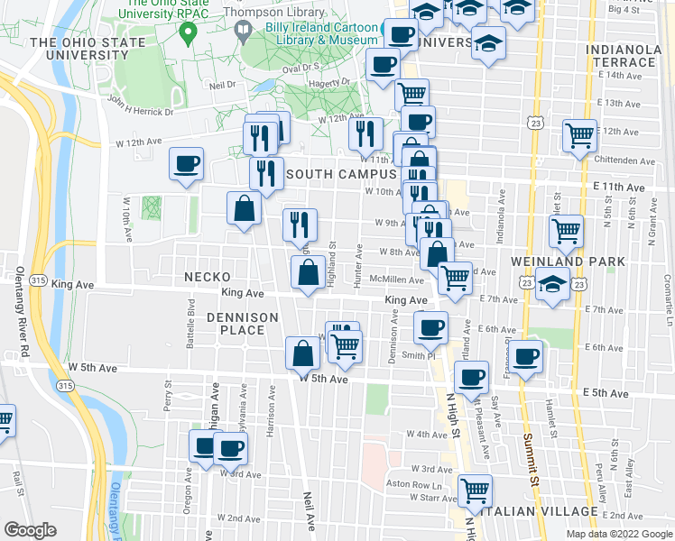 map of restaurants, bars, coffee shops, grocery stores, and more near 1465 Highland Street in Columbus