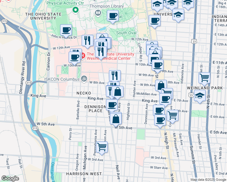 map of restaurants, bars, coffee shops, grocery stores, and more near 1461 Worthington Street in Columbus