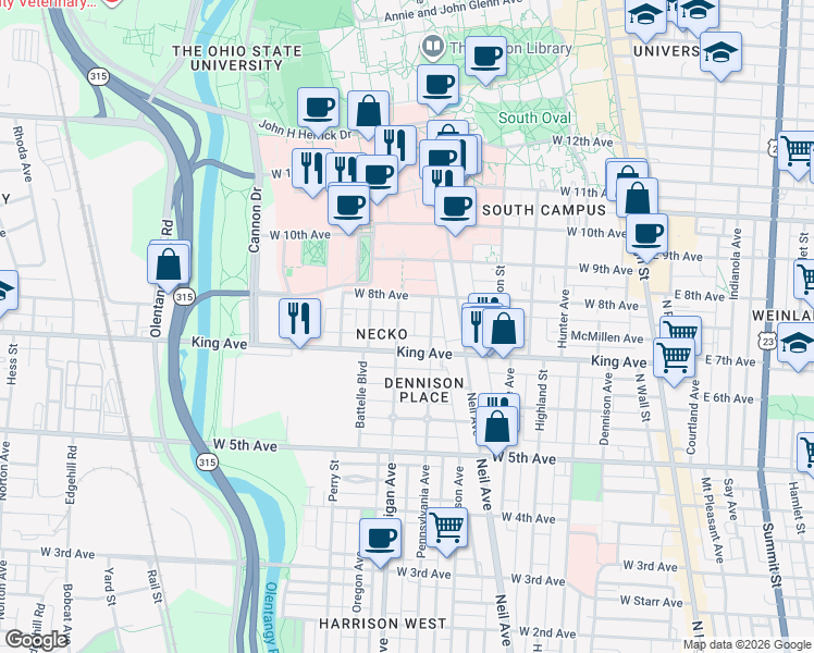 map of restaurants, bars, coffee shops, grocery stores, and more near 1484 Michigan Avenue in Columbus