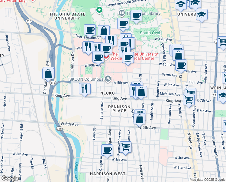 map of restaurants, bars, coffee shops, grocery stores, and more near 1484 Michigan Avenue in Columbus