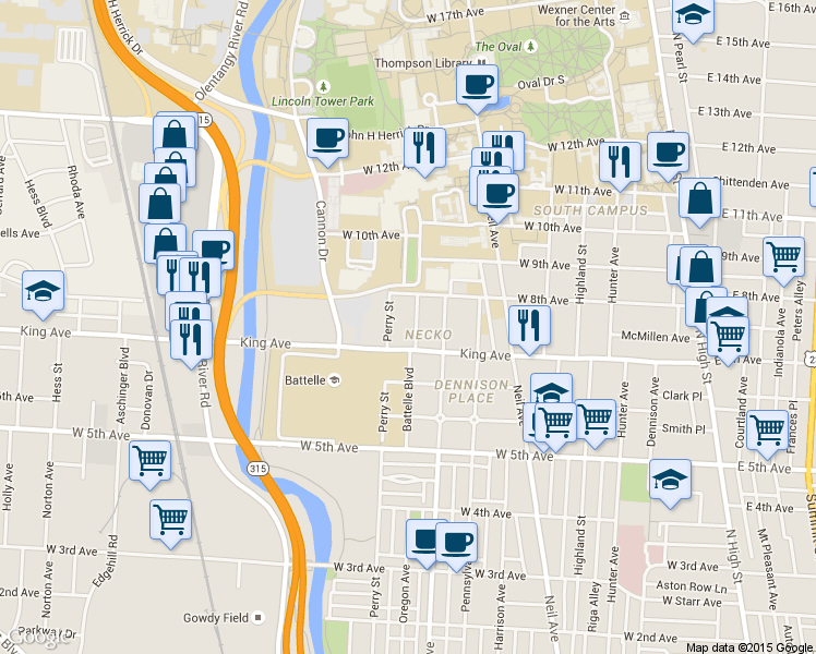 map of restaurants, bars, coffee shops, grocery stores, and more near 1498 Belmont Avenue in Columbus