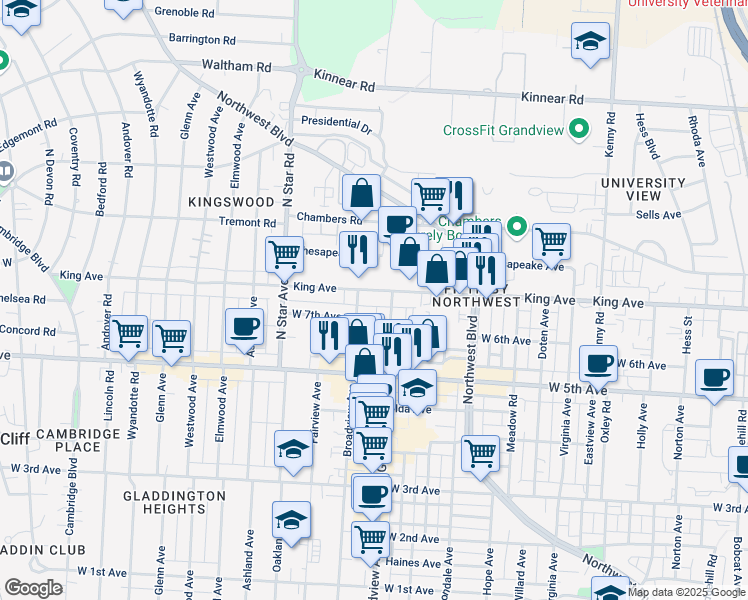 map of restaurants, bars, coffee shops, grocery stores, and more near 1635 Grandview Avenue in Columbus