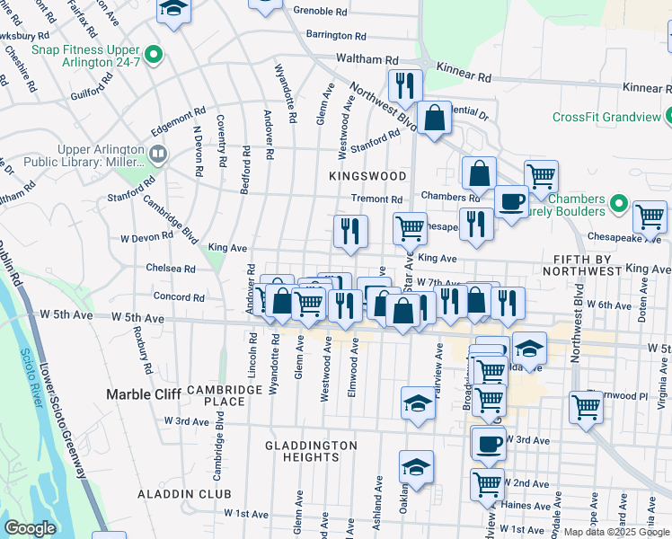map of restaurants, bars, coffee shops, grocery stores, and more near 1671 King Avenue in Columbus