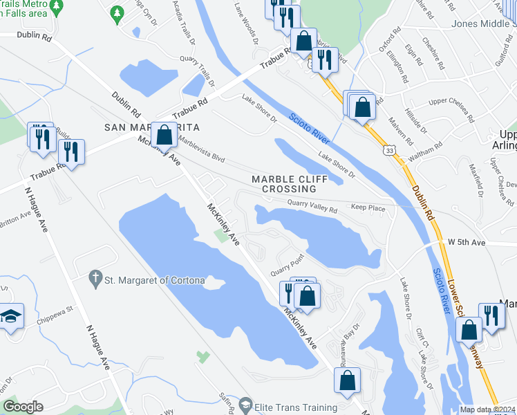map of restaurants, bars, coffee shops, grocery stores, and more near 2000 Quarry Crest Drive in Columbus