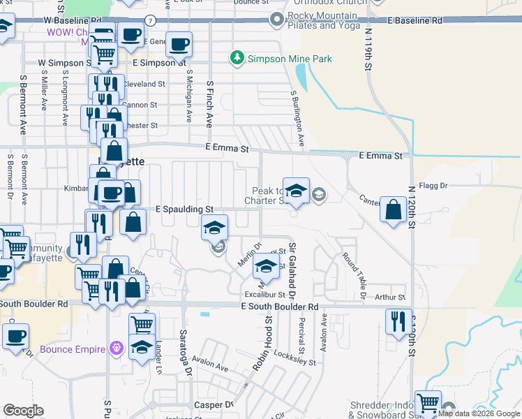 map of restaurants, bars, coffee shops, grocery stores, and more near 800 Merlin Drive in Lafayette