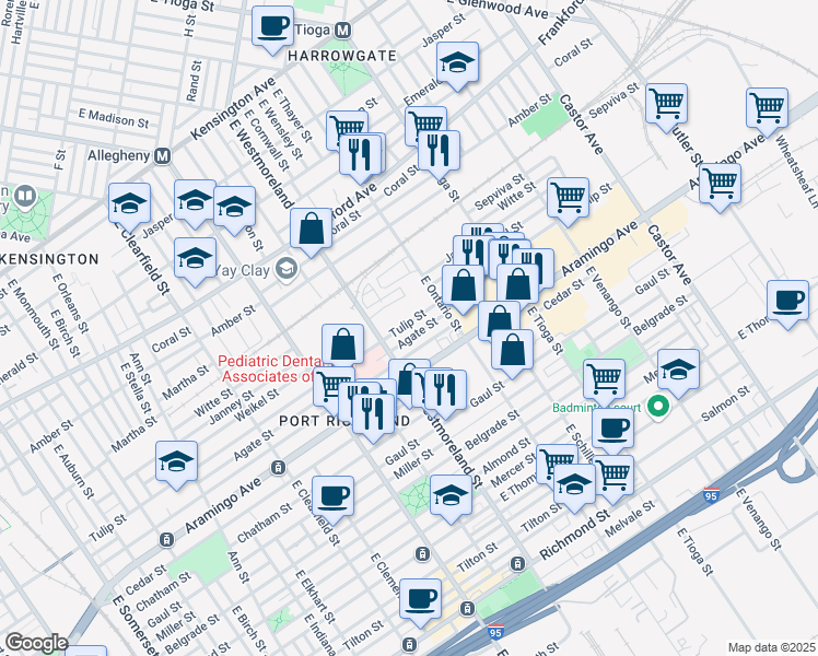 map of restaurants, bars, coffee shops, grocery stores, and more near 3349 Tulip Street in Philadelphia