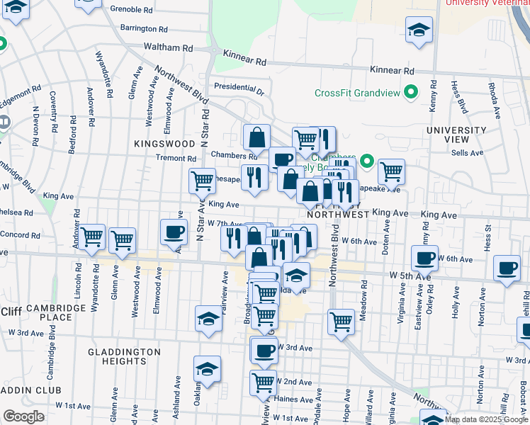 map of restaurants, bars, coffee shops, grocery stores, and more near 1635 Grandview Avenue in Columbus