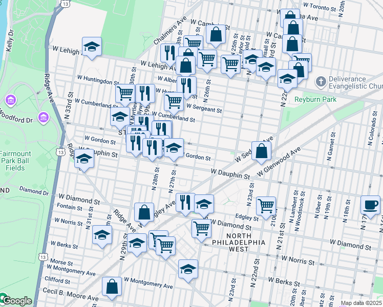 map of restaurants, bars, coffee shops, grocery stores, and more near 2613 West Gordon Street in Philadelphia
