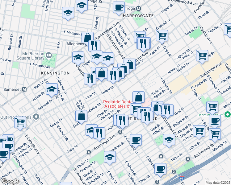 map of restaurants, bars, coffee shops, grocery stores, and more near 2100 East Allegheny Avenue in Philadelphia