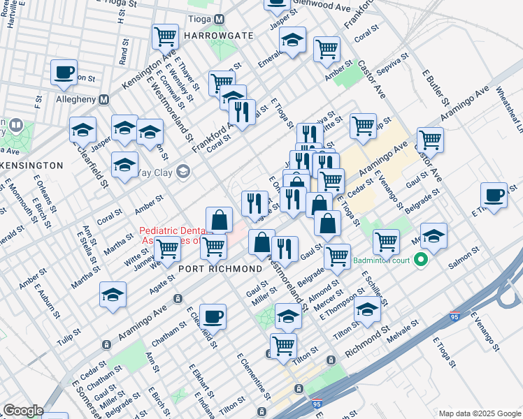 map of restaurants, bars, coffee shops, grocery stores, and more near 3347 Tulip Street in Philadelphia