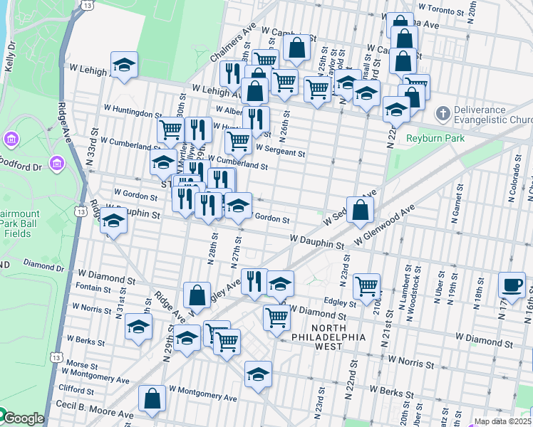 map of restaurants, bars, coffee shops, grocery stores, and more near 2332 North 26th Street in Philadelphia