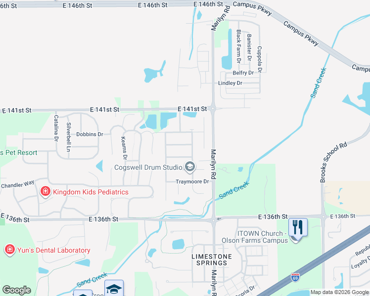 map of restaurants, bars, coffee shops, grocery stores, and more near 11867 Bellhaven Drive in Fishers