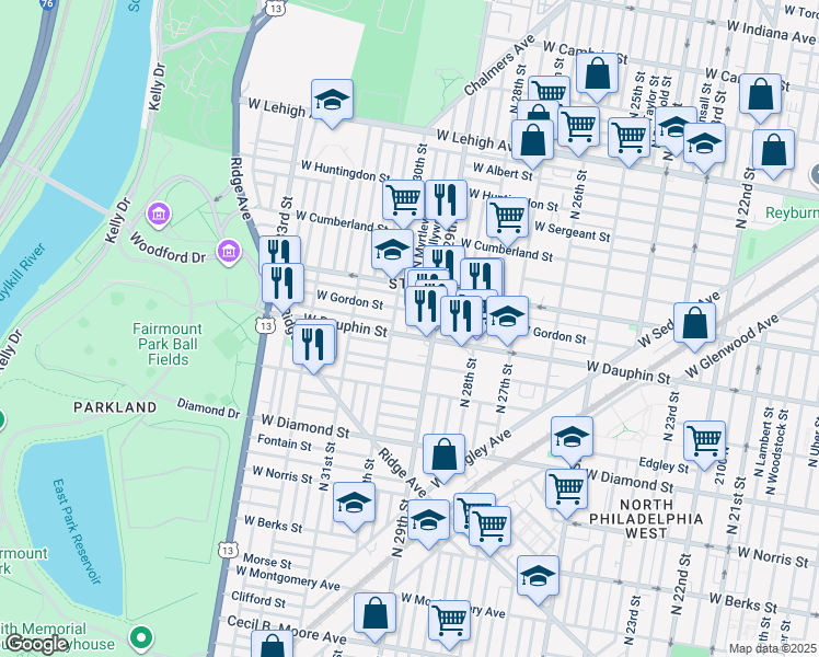 map of restaurants, bars, coffee shops, grocery stores, and more near 2309 North Myrtlewood Street in Philadelphia