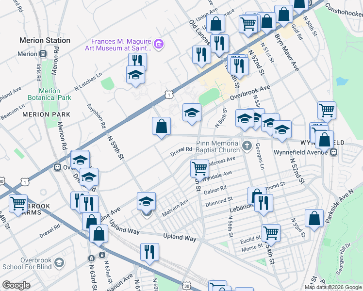 map of restaurants, bars, coffee shops, grocery stores, and more near 5715 Drexel Road in Philadelphia