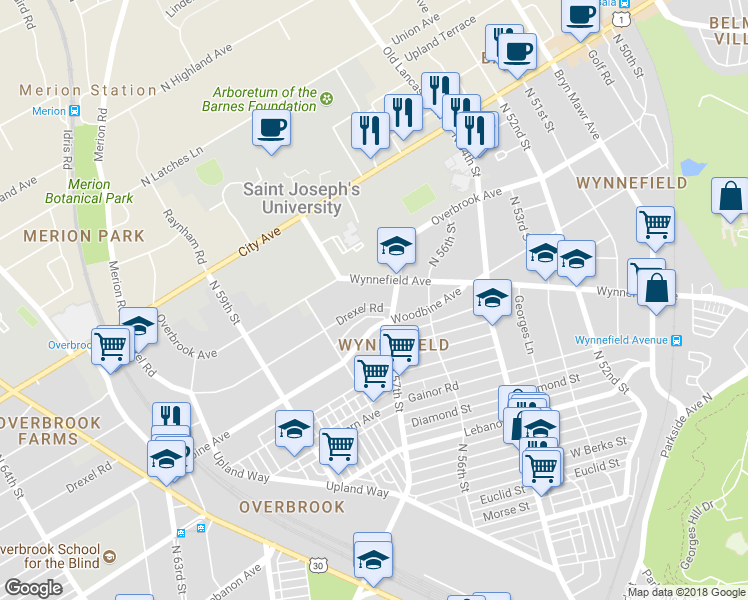 map of restaurants, bars, coffee shops, grocery stores, and more near 5715 Drexel Road in Philadelphia