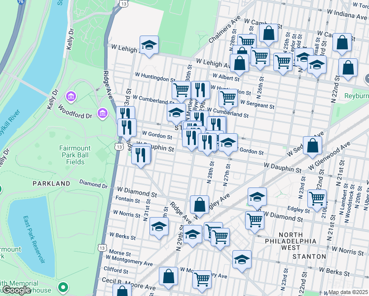 map of restaurants, bars, coffee shops, grocery stores, and more near 2309 North Myrtlewood Street in Philadelphia