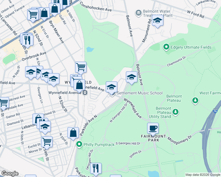 map of restaurants, bars, coffee shops, grocery stores, and more near 4923 Monument Road in Philadelphia