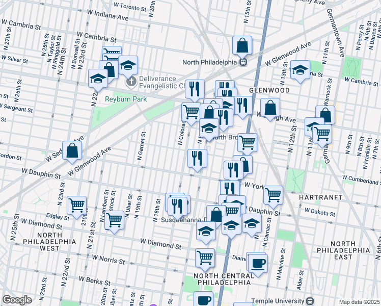 map of restaurants, bars, coffee shops, grocery stores, and more near 2470 North Chadwick Street in Philadelphia