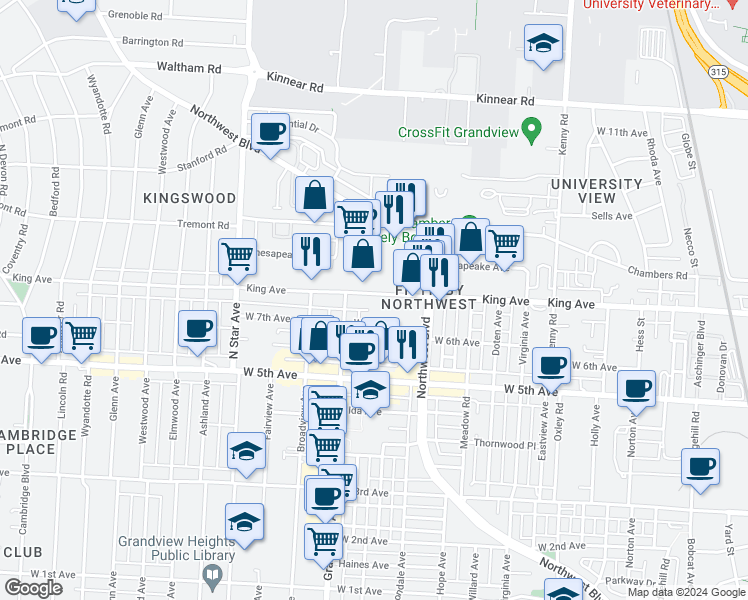map of restaurants, bars, coffee shops, grocery stores, and more near 1351 King Avenue in Columbus