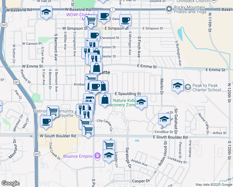 map of restaurants, bars, coffee shops, grocery stores, and more near 274 Skylark Circle in Lafayette
