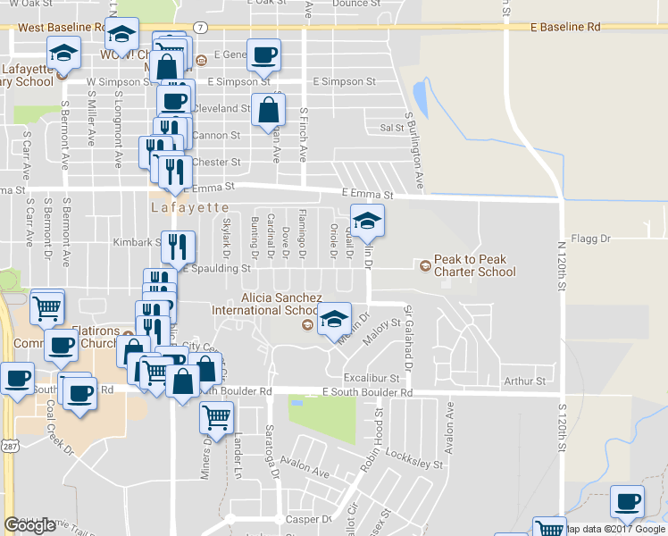 map of restaurants, bars, coffee shops, grocery stores, and more near E Spaulding St & Oriole Dr in Lafayette