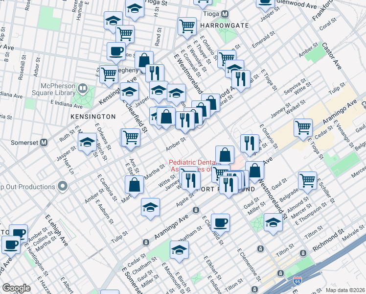map of restaurants, bars, coffee shops, grocery stores, and more near 2100 East Allegheny Avenue in Philadelphia